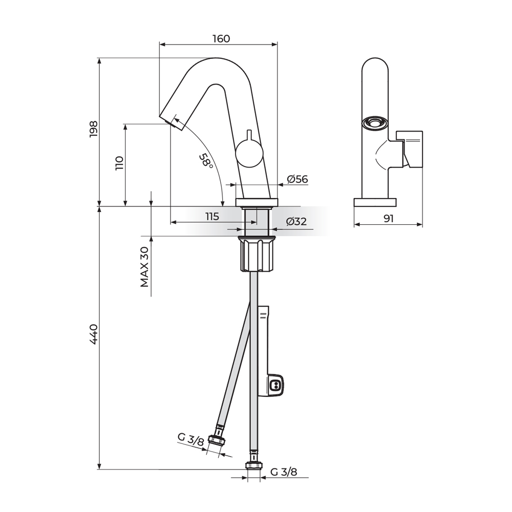 Rosan Stolz S3 Black baterija za lavabo 330101B – tehnički crtež