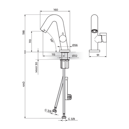 Rosan Stolz S3 Black baterija za lavabo 330101B – tehnički crtež