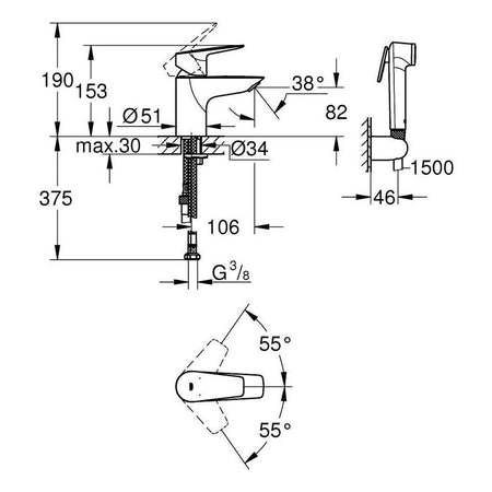 Grohe Bauedge za lavabo S size 23757001 sa ručnim tušem – tehnički crtež
