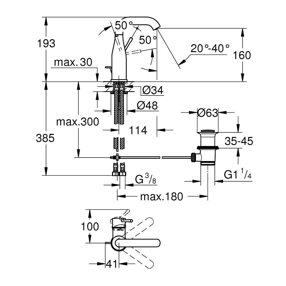 Grohe Essence baterija za umivaonik M – Size 24173001 – tehnički crtež