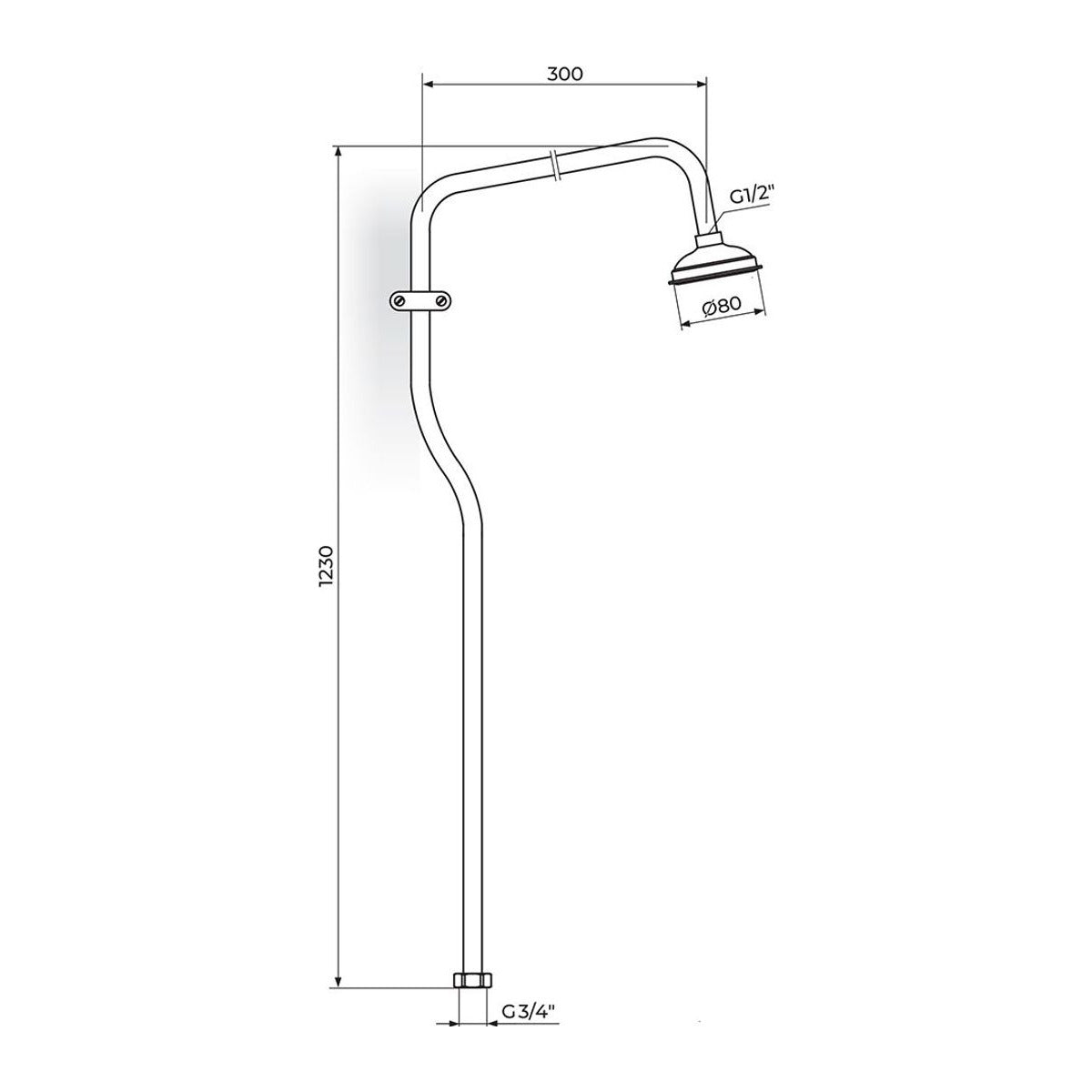 Rosan Usponski tuš o18 mm - 3/4" sa ružom PUT121834 – tehnički crtež