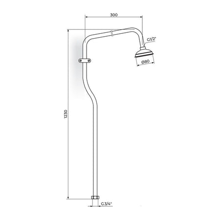 Rosan Usponski tuš o18 mm - 3/4" sa ružom PUT121834 – tehnički crtež
