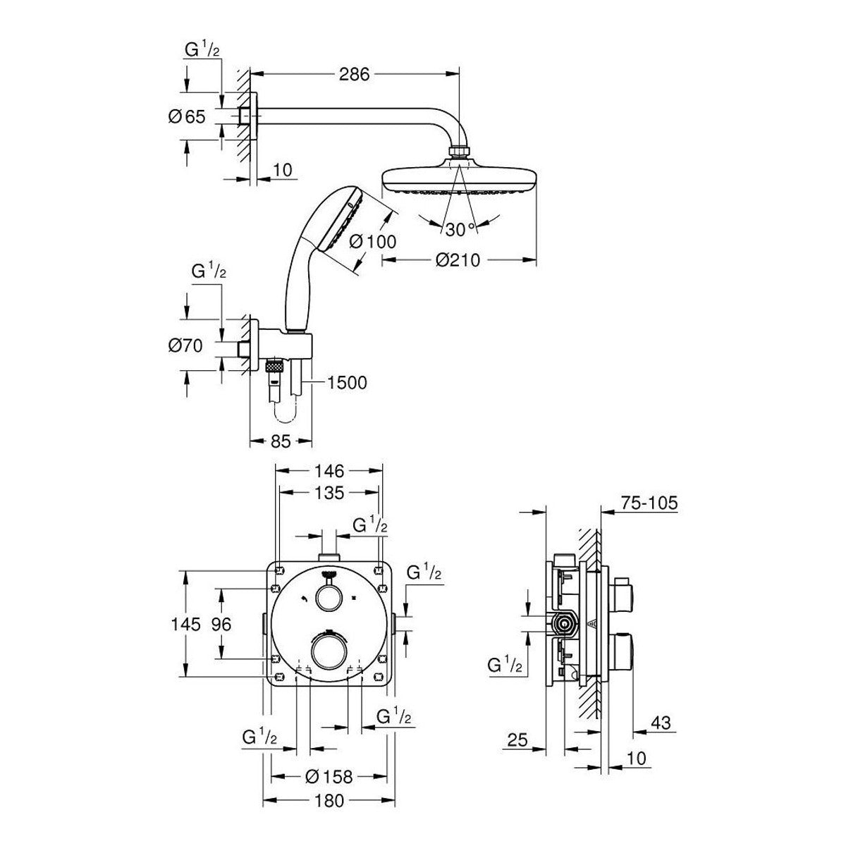 Grohe Grohterm Perfect ugradni tuš set 34727000 – tehnički crtež