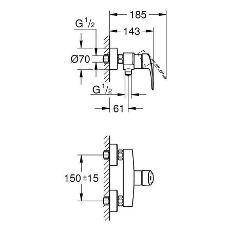 Grohe Eurosmart baterija za tuš 33555003 – tehnički crtež