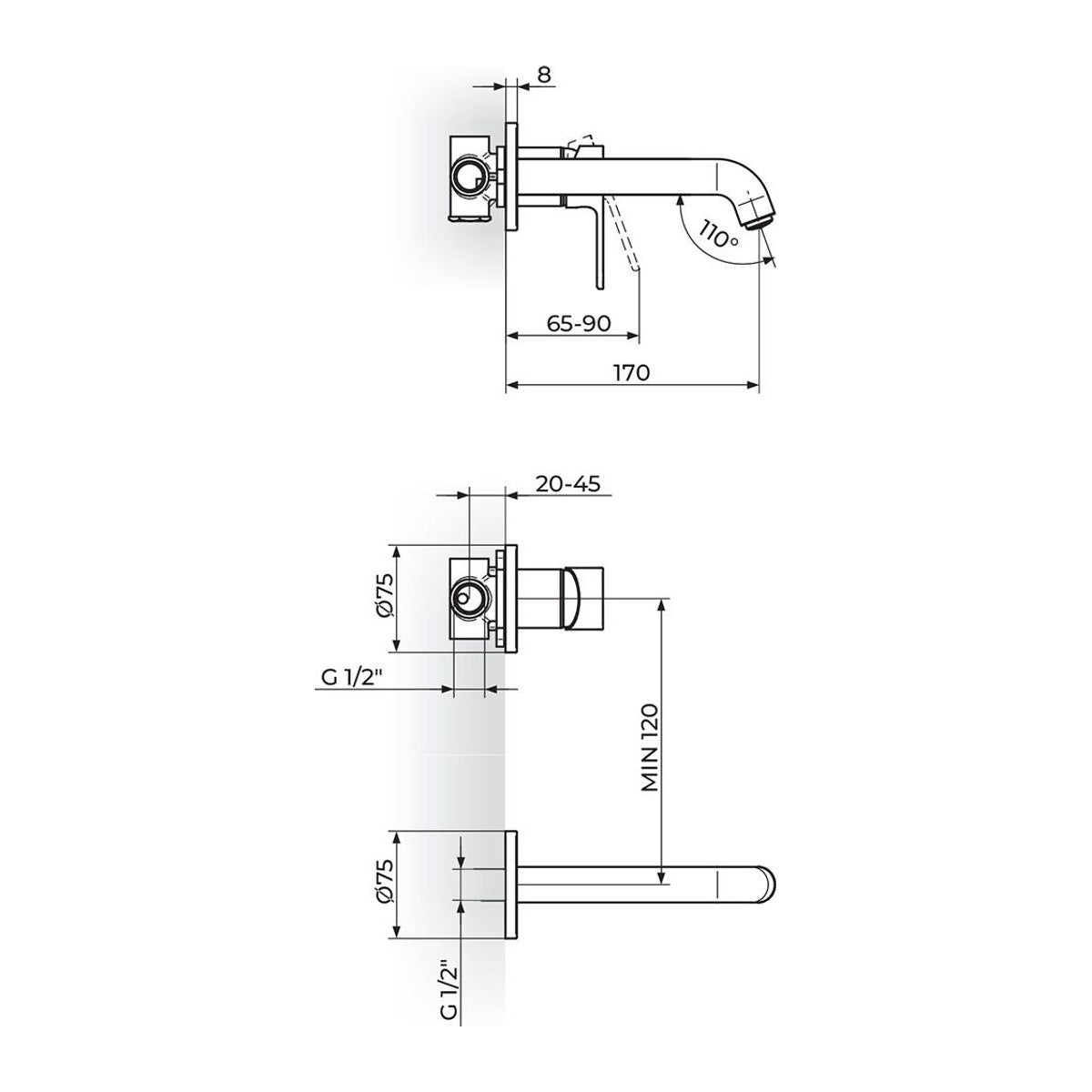 Rosan S2 Black baterija za lavabo 231402B – tehnički crtež