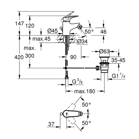 Grohe Bauflow za bide 23754000 – tehnički crtež