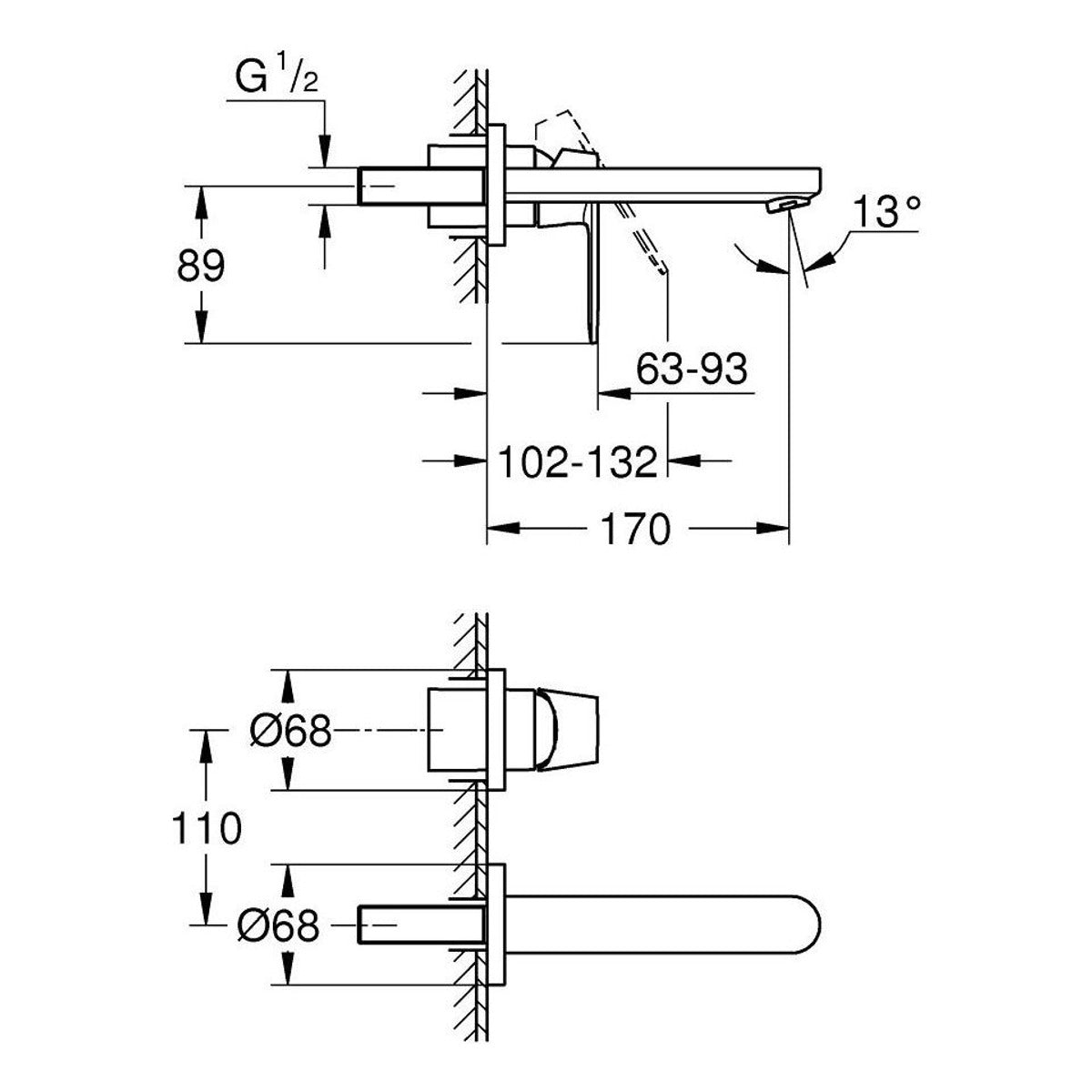 Grohe Eurosmart Cosmopolitan baterija za umivaonik, 2 otvora S-Size 19381000 – tehnički crtež
