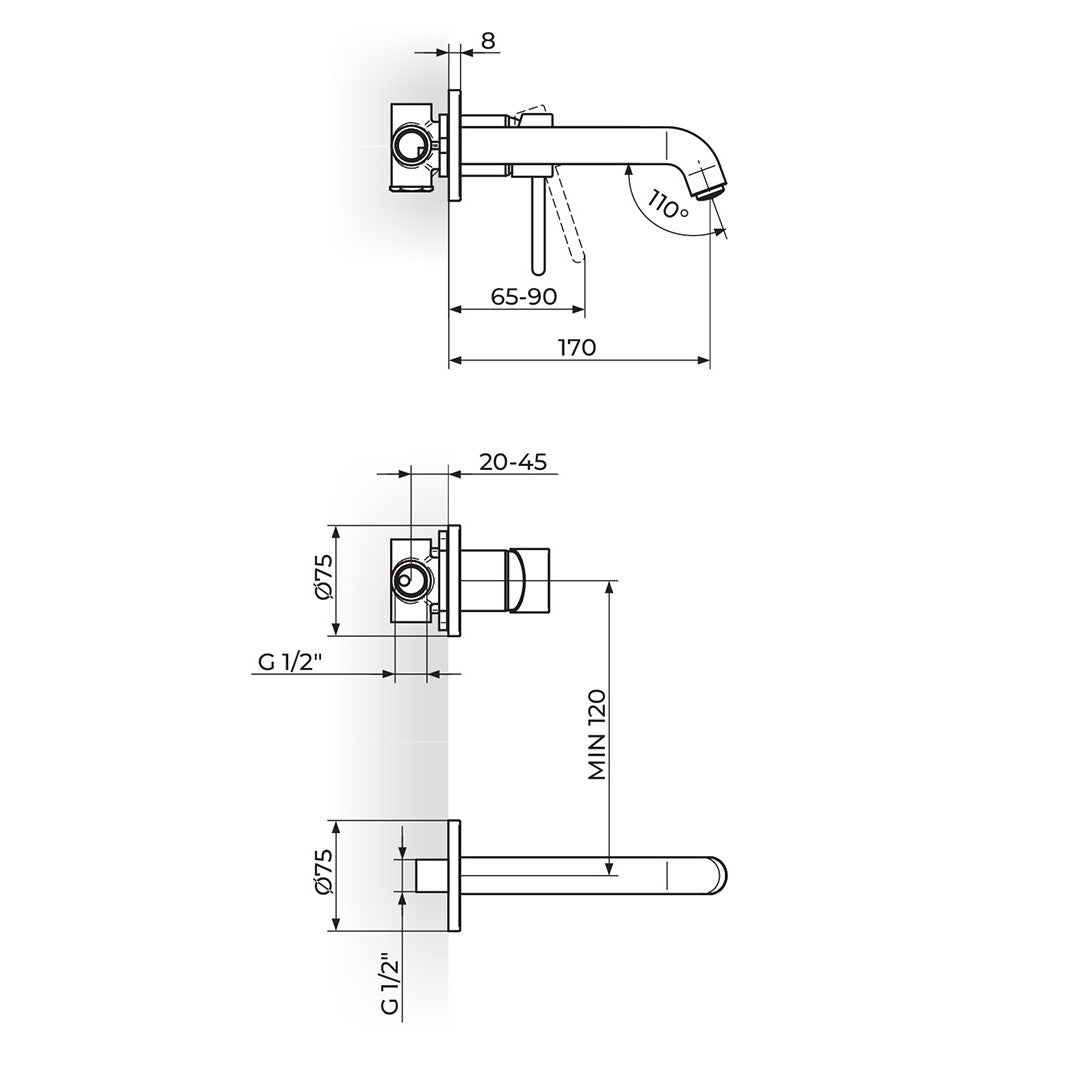 Rosan Gee.O uzidna baterija za lavabo sa izlivom 170mm JG31401 – tehnički crtež