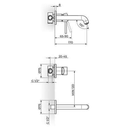 Rosan Gee.O uzidna baterija za lavabo sa izlivom 170mm JG31401 – tehnički crtež