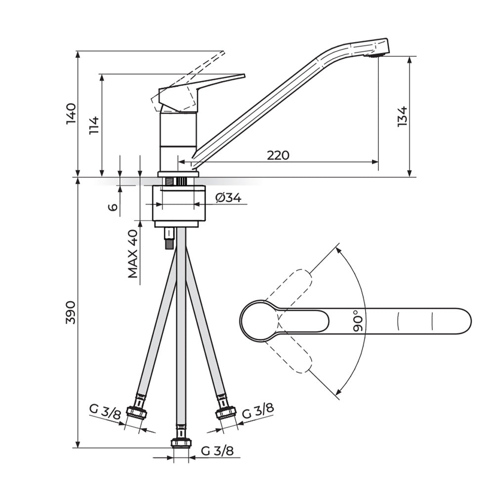 Rosan Blau baterija za sudoperu 3 cevi crna B138103B – tehnički crtež