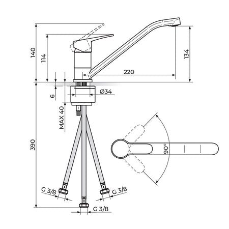 Rosan Blau baterija za sudoperu 3 cevi crna B138103B – tehnički crtež