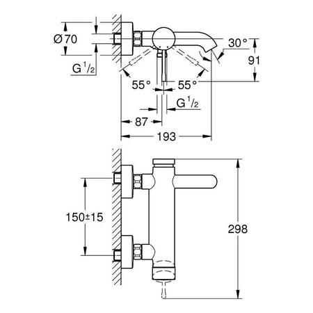 Grohe Essence jednoručna baterija za kadu 33624A01 – tehnički crtež