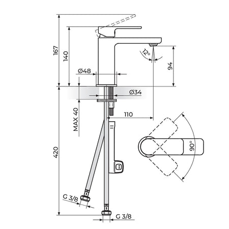 Rosan S2 Gold baterija za lavabo 230101G – tehnički crtež