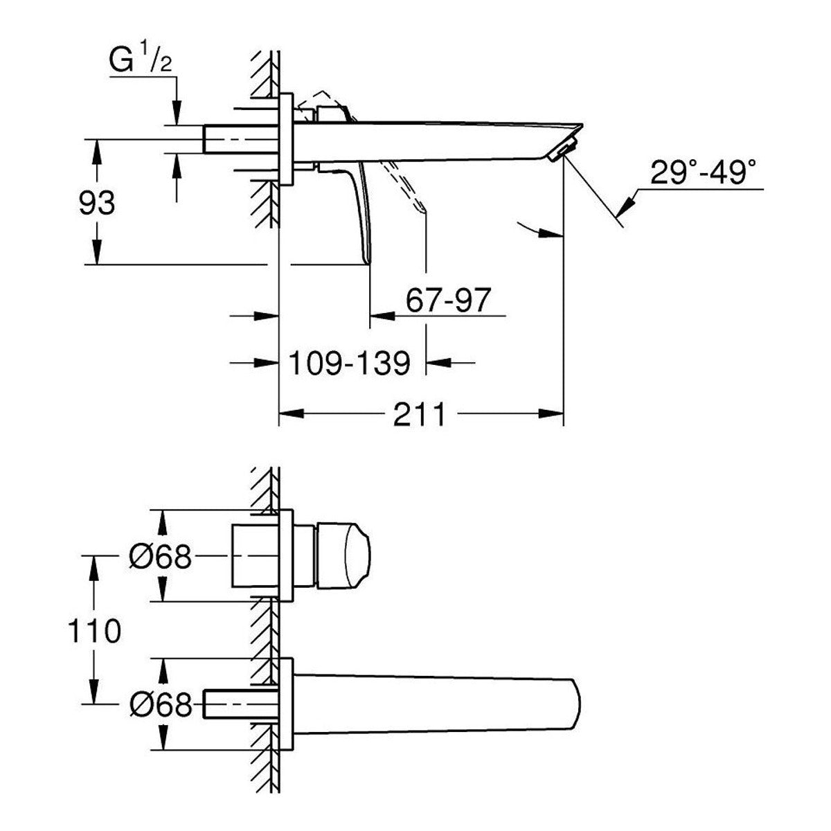 Grohe Eurosmart baterija za umivaonik, 2 otvora M-Size 29338003 – tehnički crtež