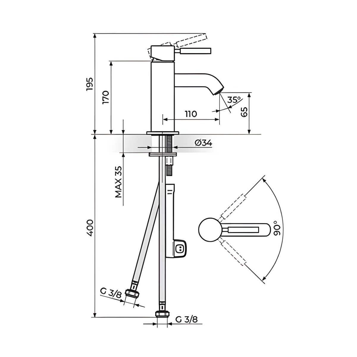 Rosan Gee.O baterija za lavabo JG30101 – tehnički crtež