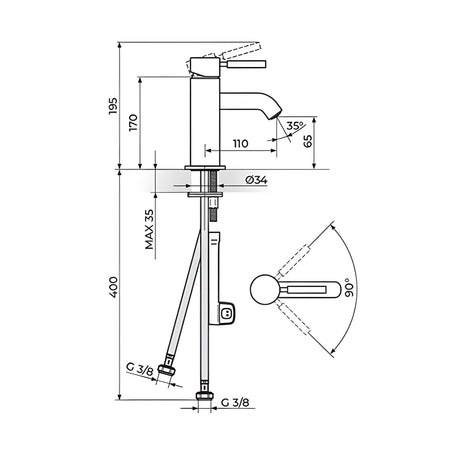 Rosan Gee.O baterija za lavabo JG30101 – tehnički crtež