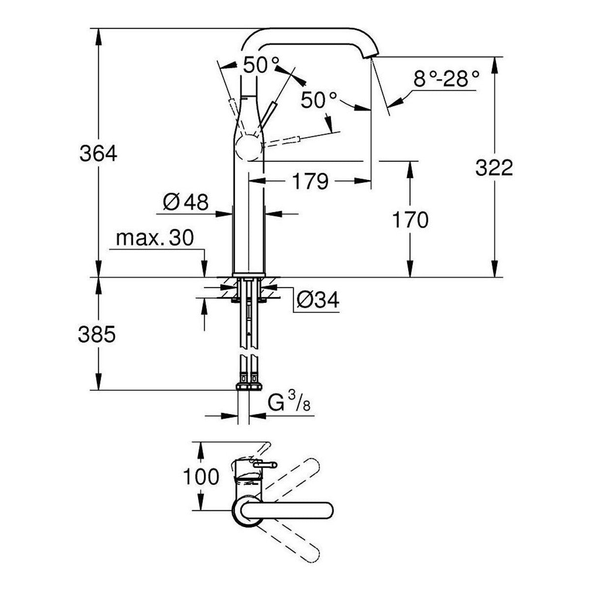 Grohe Essence baterija za umivaonik XL – Size 24170001 – tehnički crtež