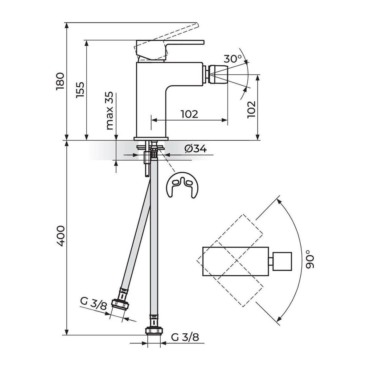Rosan Quadro Black baterija za bide JQ39101B – tehnički crtež