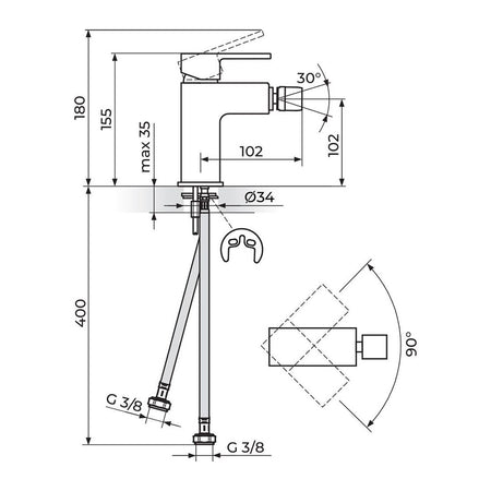 Rosan Quadro Black baterija za bide JQ39101B – tehnički crtež