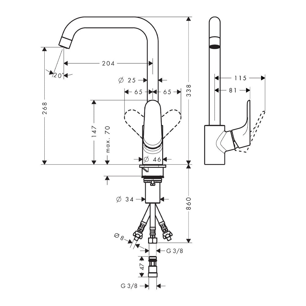 Hansgrohe Focus za sudoperu sa 3 cevi 31822000 – tehnički crtež