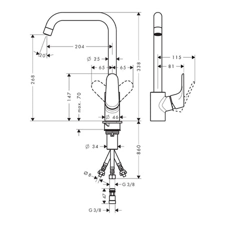 Hansgrohe Focus za sudoperu sa 3 cevi 31822000 – tehnički crtež