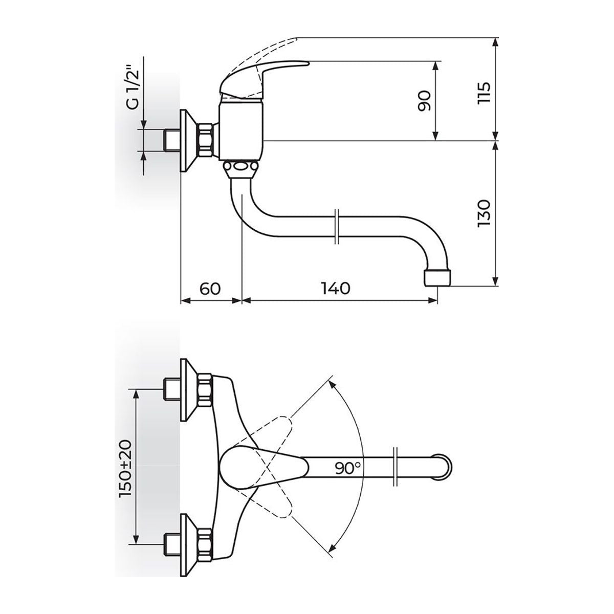 Rosan Perla uzidna baterija za sudoperu – lavabo izliv 140mm JP322014 – tehnički crtež