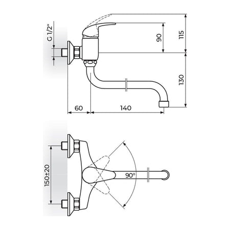 Rosan Perla uzidna baterija za sudoperu – lavabo izliv 140mm JP322014 – tehnički crtež