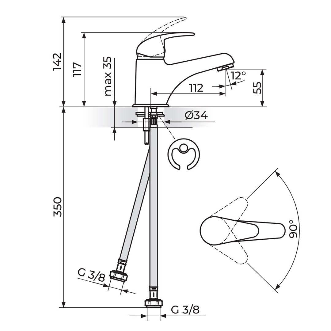 Rosan Perla baterija za lavabo JP301001 – tehnički crtež