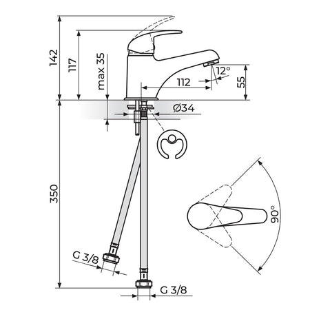 Rosan Perla baterija za lavabo JP301001 – tehnički crtež