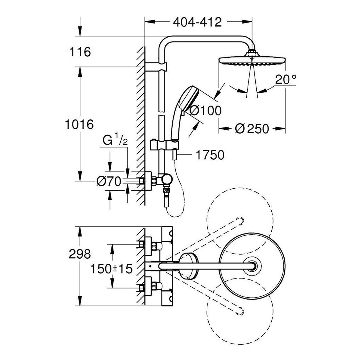 Grohe NEW Tempesta Cosmopolitan 250 USPONSKI TERMO – tehnički crtež