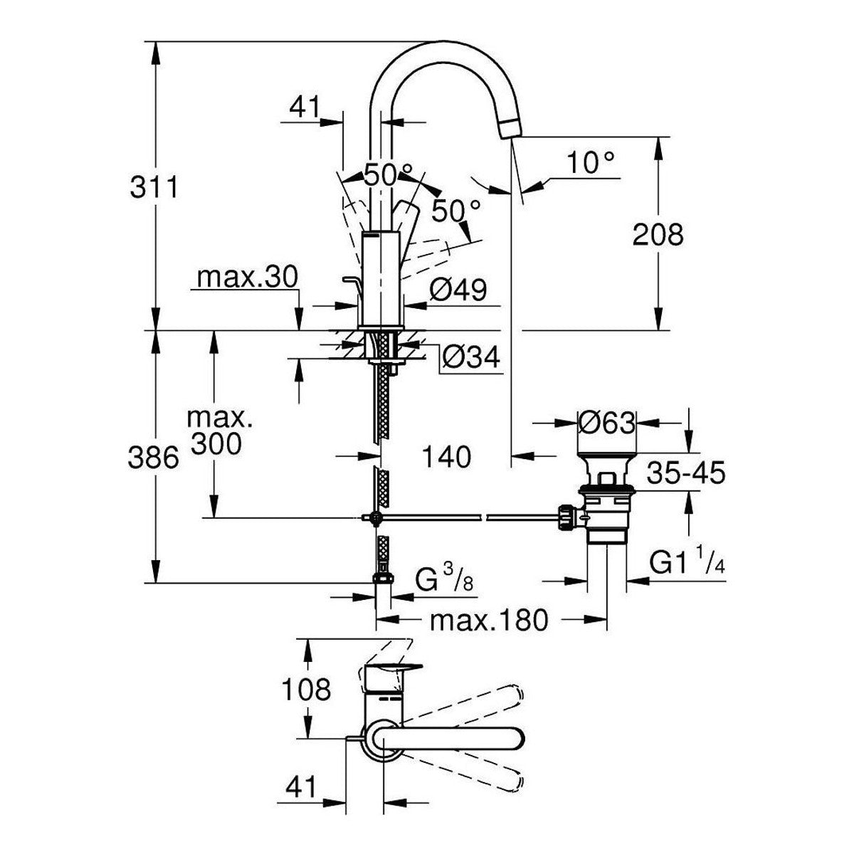 Grohe Bauedge baterija za umivaonik L – Size 23760001 – tehnički crtež