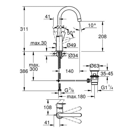 Grohe Bauedge baterija za umivaonik L – Size 23760001 – tehnički crtež