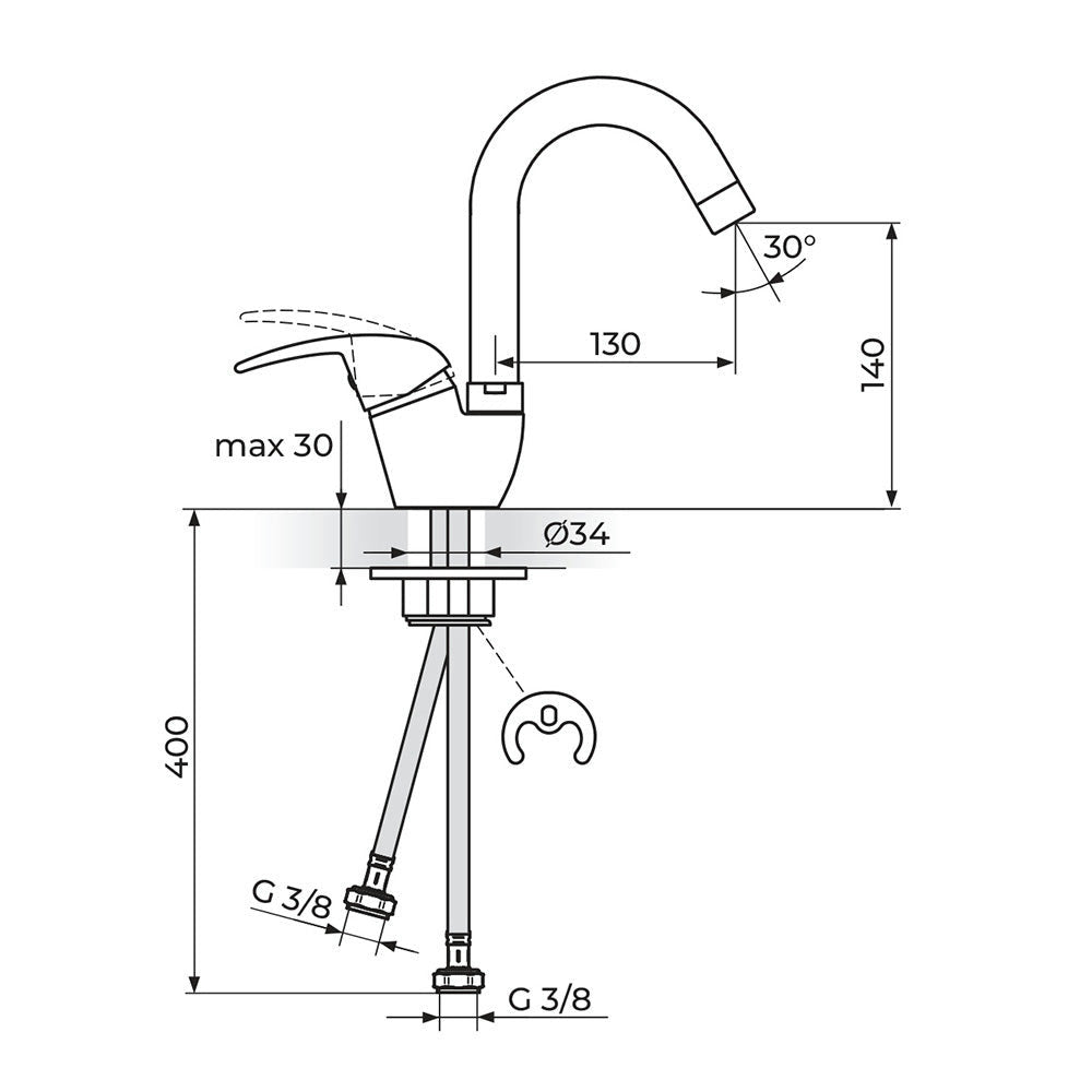 Rosan King baterija za sudoperu izliv 130mm J382211 – tehnički crtež