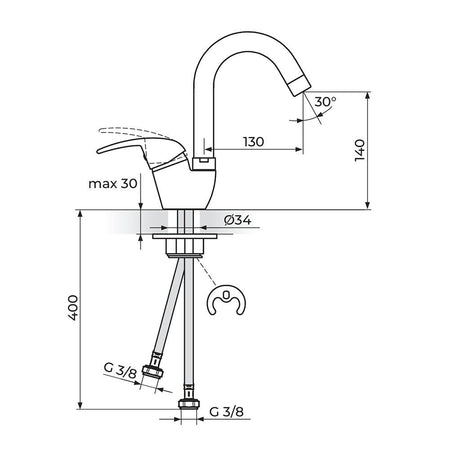 Rosan King baterija za sudoperu izliv 130mm J382211 – tehnički crtež