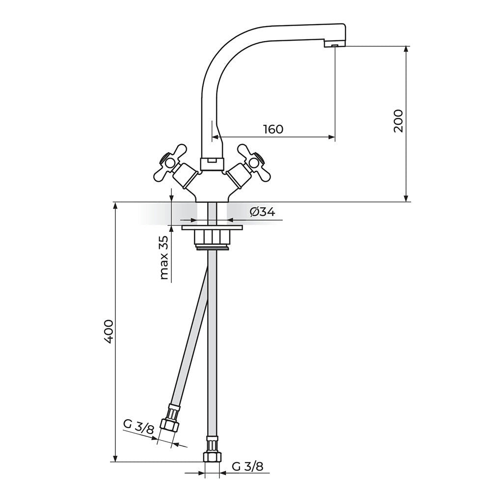 Rosan Nostalgija baterija za sudoperu – lavabo izliv 180mm N23101 – tehnički crtež