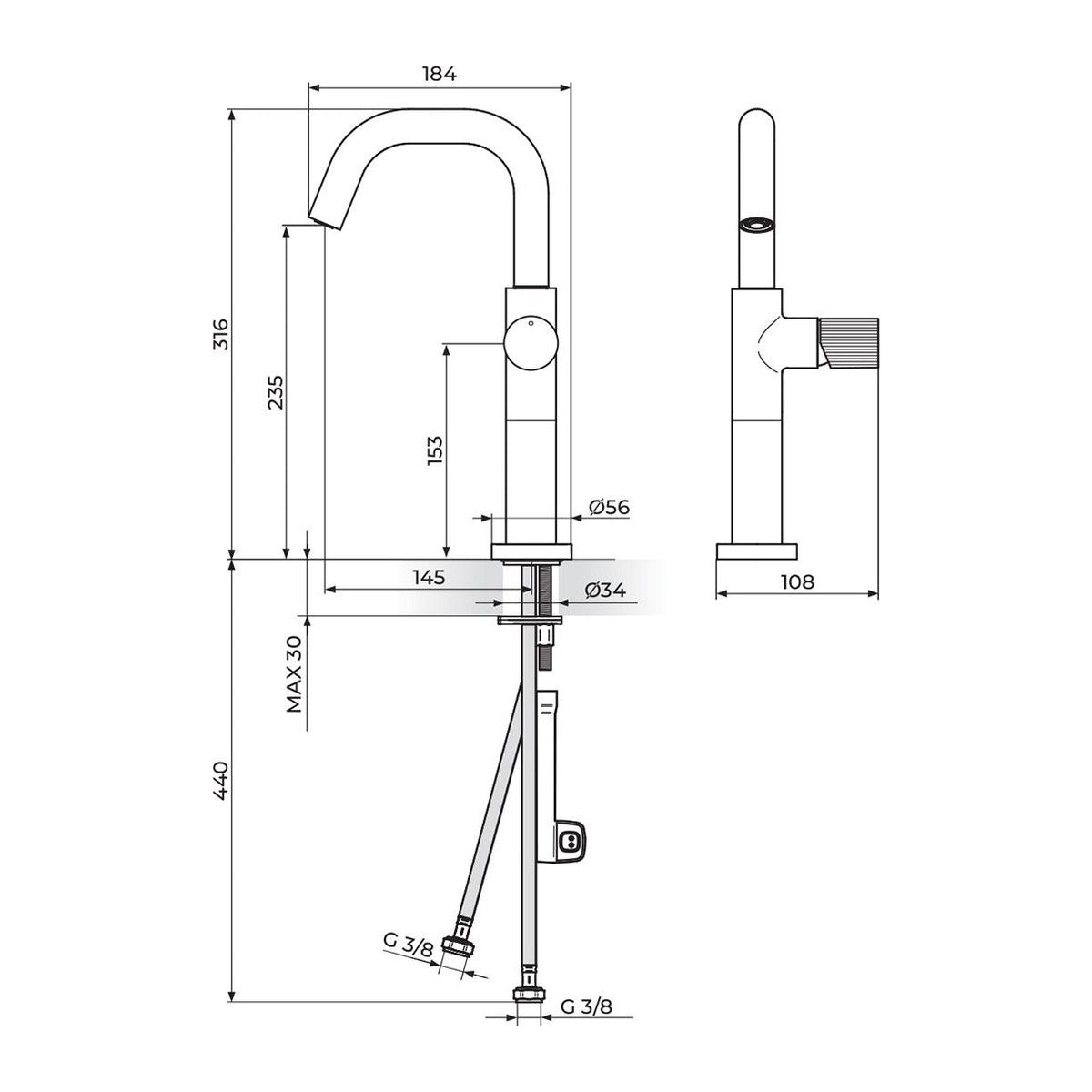 Rosan Stolz S4 baterija za lavabo L 430209 – tehnički crtež