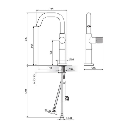 Rosan Stolz S4 baterija za lavabo L 430209 – tehnički crtež