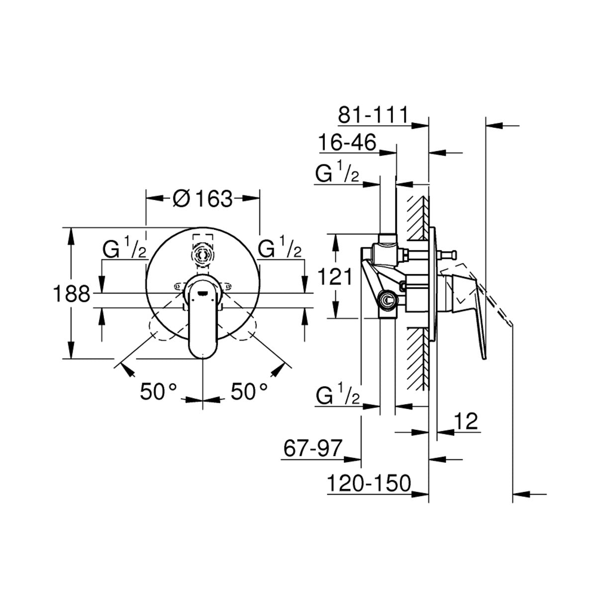 Grohe Eurosmart Cosmopolitan baterija za kadu 32879000 – tehnički crtež