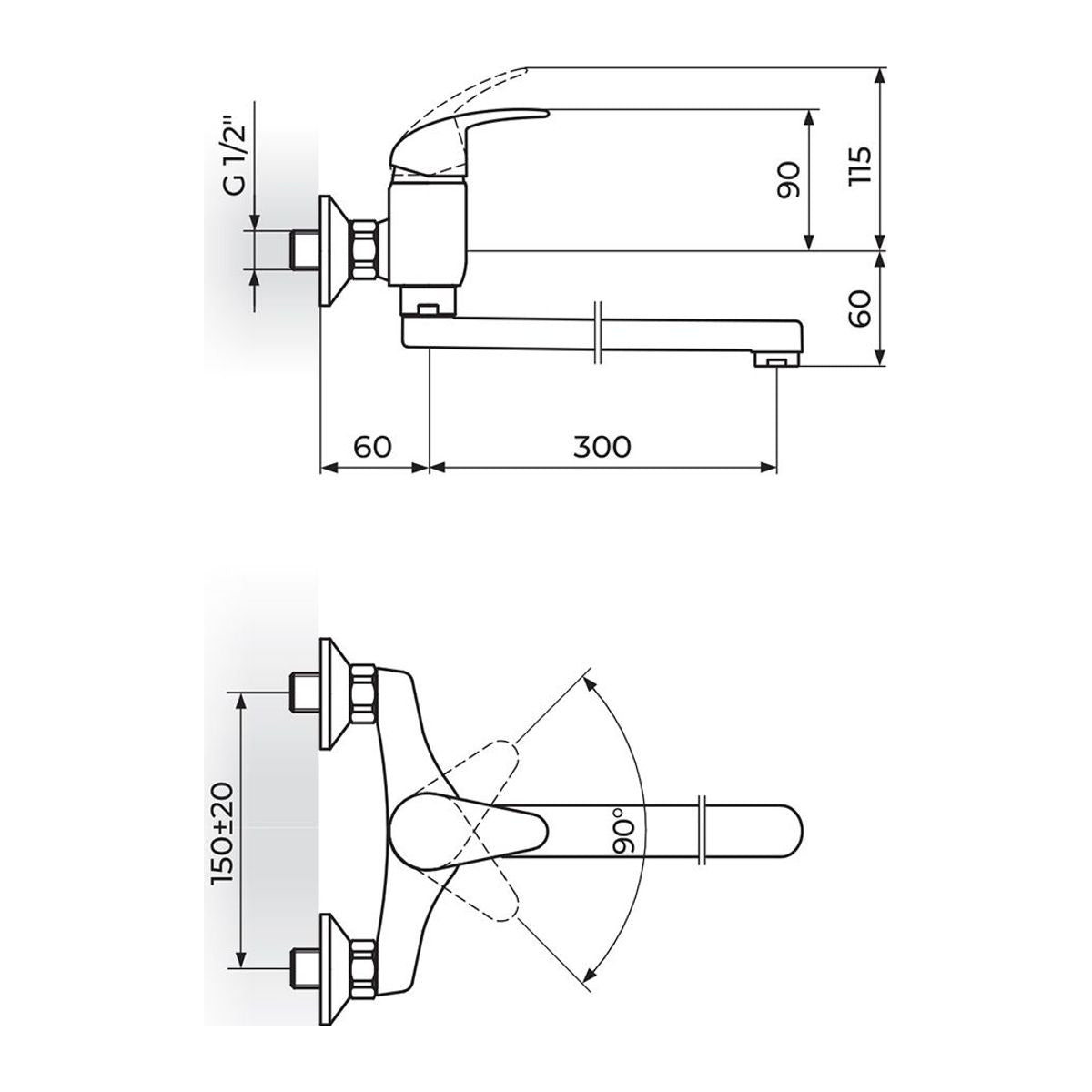 Rosan Perla uzidna baterija za sudoperu – lavabo izliv 300mm JP321030 – tehnički crtež