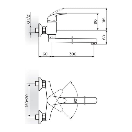 Rosan Perla uzidna baterija za sudoperu – lavabo izliv 300mm JP321030 – tehnički crtež