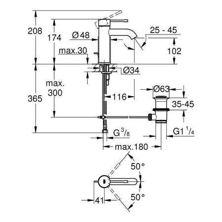 Grohe Essence za lavabo S size Cool sunrise 23589GL1 – tehnički crtež