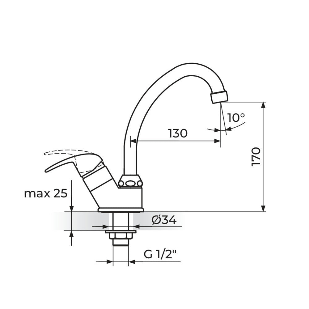 Rosan Perla jednoručna baterija za hladnu vodu izliv 130mm JP531130 – tehnički crtež