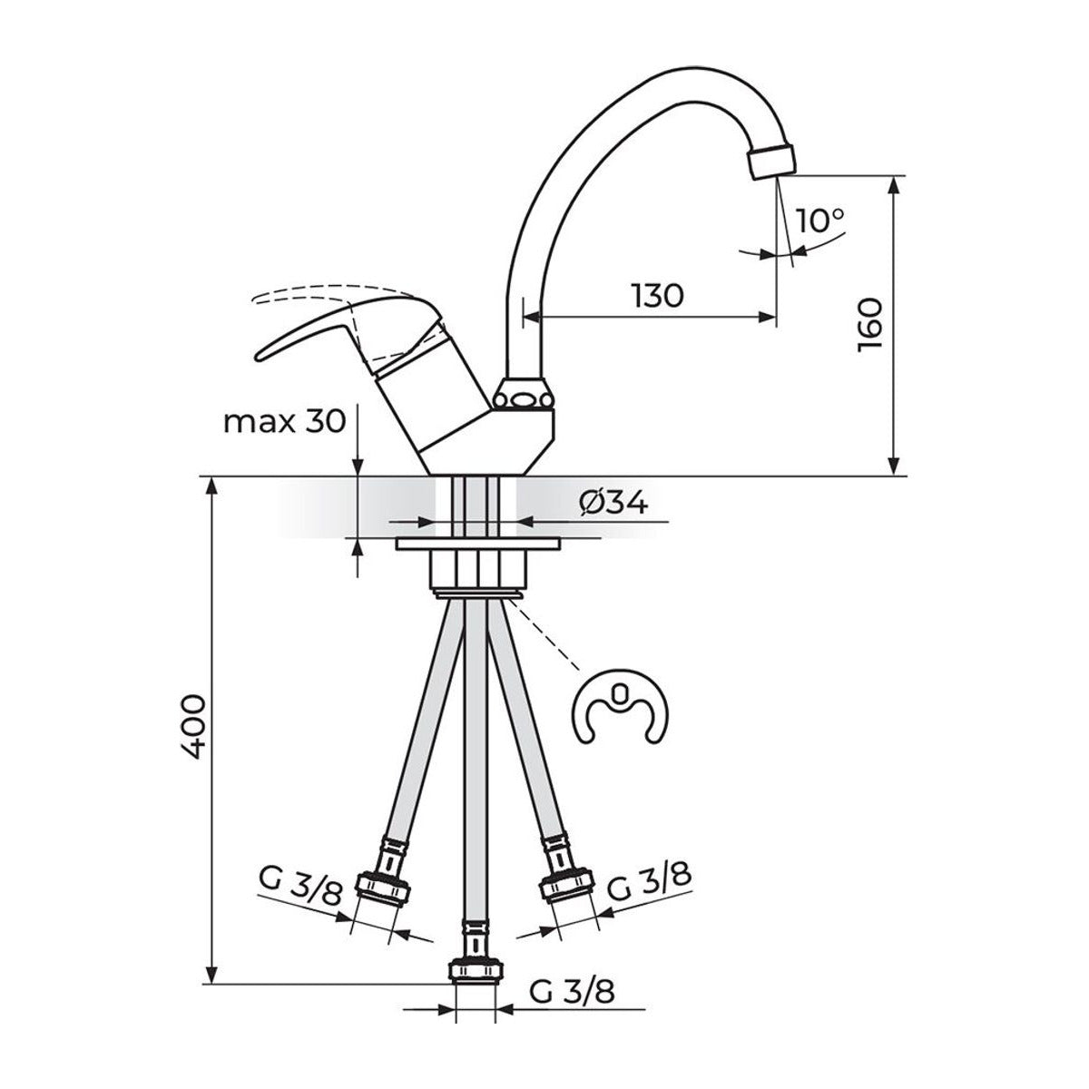 Rosan Perla baterija za sudoperu – protočni bojler izliv 130mm JP382013 – tehnički crtež