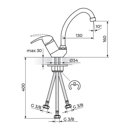 Rosan Perla baterija za sudoperu – protočni bojler izliv 130mm JP382013 – tehnički crtež