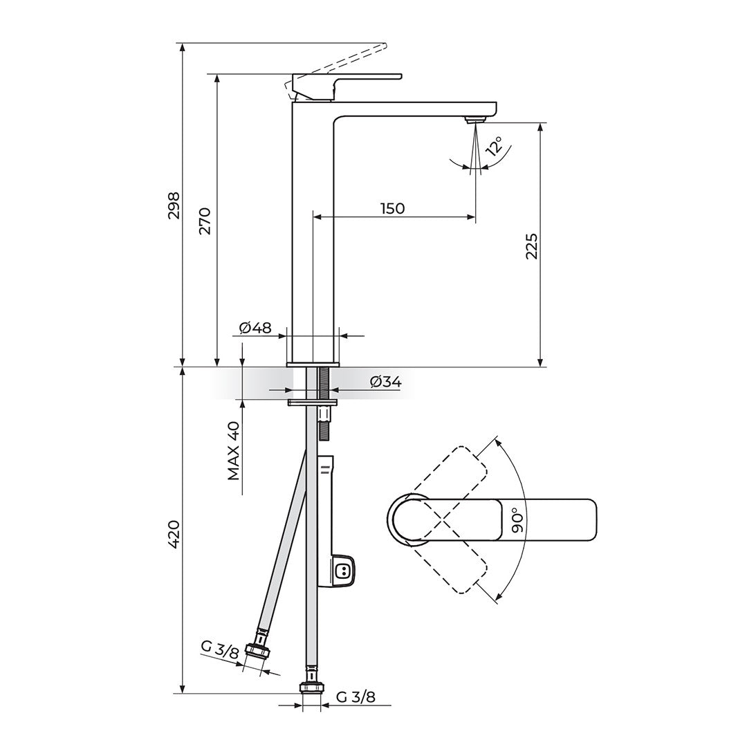 Rosan S2 Black baterija za lavabo 230109B – tehnički crtež