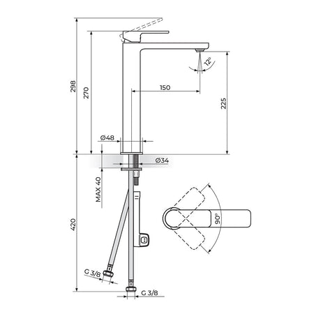 Rosan S2 Black baterija za lavabo 230109B – tehnički crtež