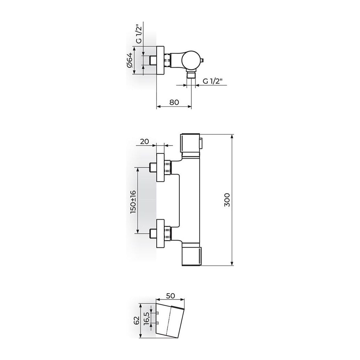 Rosan Thermo S2 baterija za tuš kadu sa ručnim tušem 2T37101B – tehnički crtež