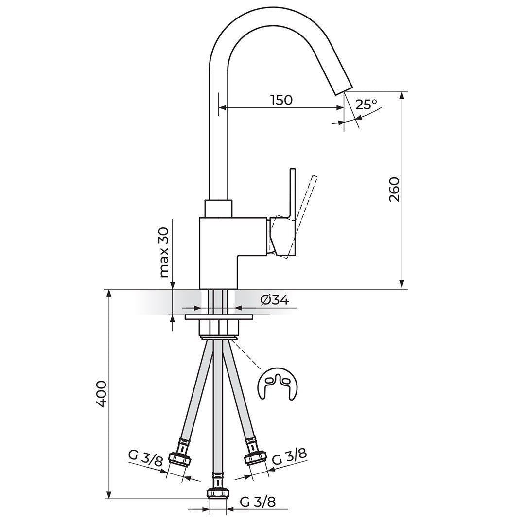 Rosan Quadro baterija za sudoperu – 3 cevi JQ38103 – tehnički crtež