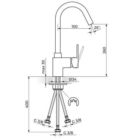 Rosan Quadro baterija za sudoperu – 3 cevi JQ38103 – tehnički crtež