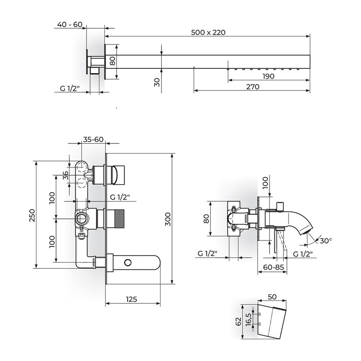 Rosan S2 baterija za tuš kadu 231709 – tehnički crtež